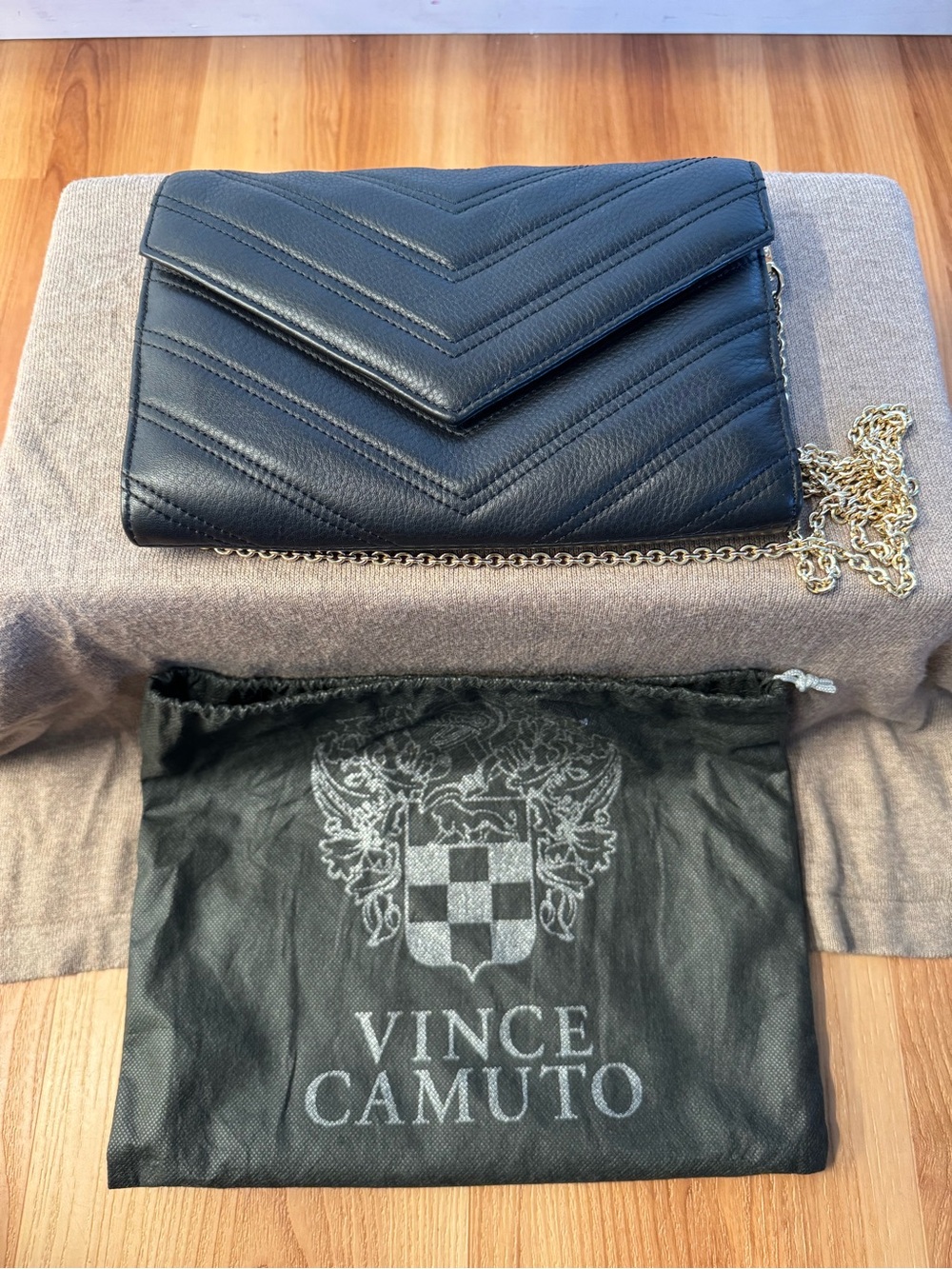 Vince Camuto Black Leather Clutch Gold Chain Crossbody Bag